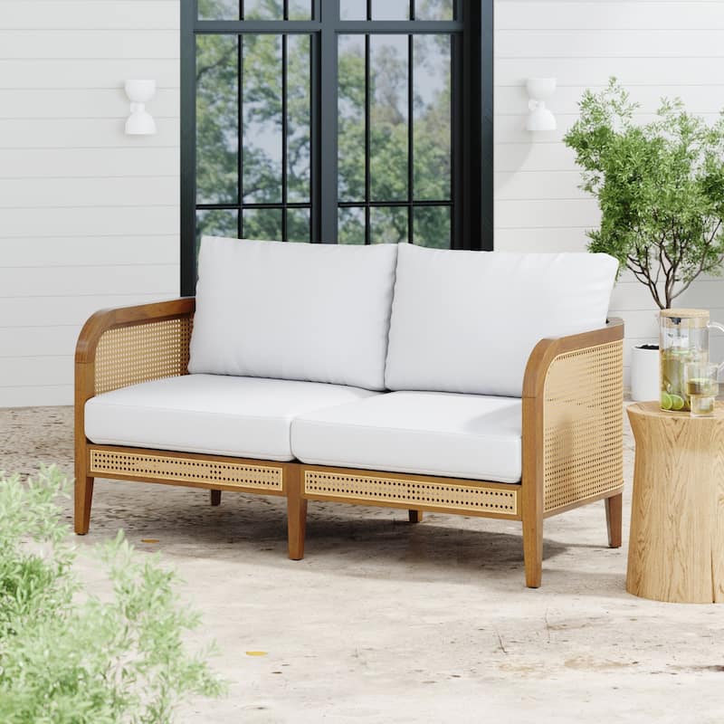 Twila Bohemian Outdoor Upholstered Rattan Patio Seating with Solid Wood Frame