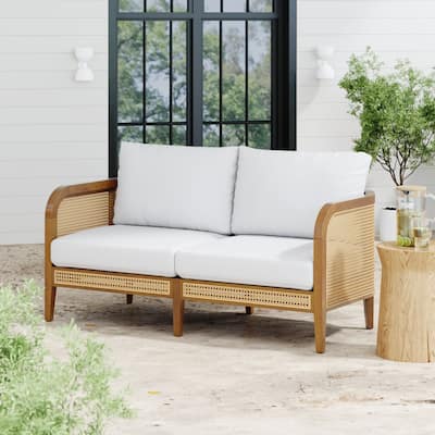 Twila Bohemian Outdoor Upholstered Rattan Patio Seating with Solid Wood Frame