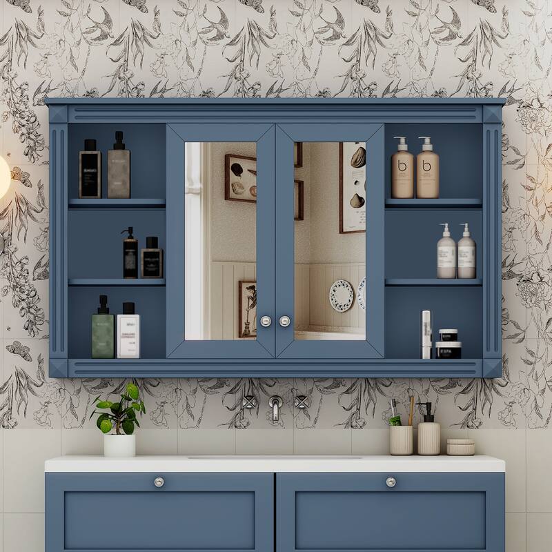 47 Inch Bathroom Mirror Cabinet with Storage - Blue