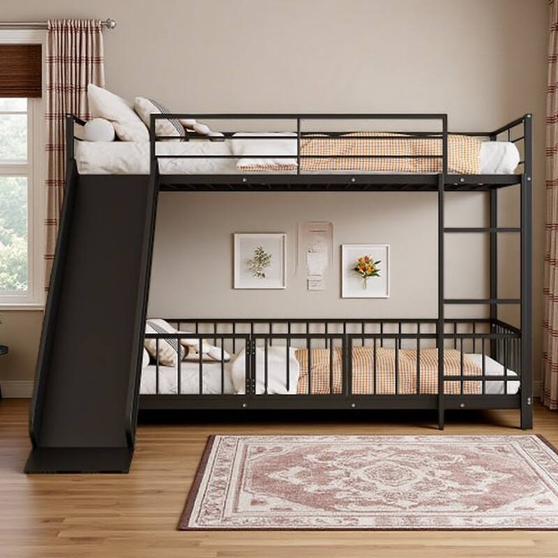 Slide-Equipped Metal Bunk with Guardrails and Detachable Ladder and Stair Options - Twin Black - Twin