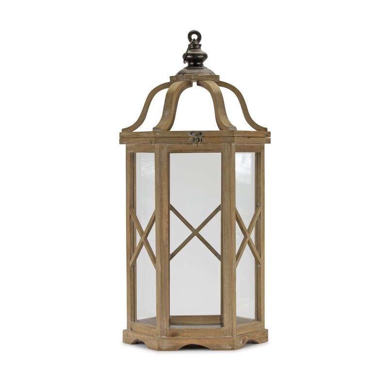 Set of Two Natural and Brown Wood and Metal Geometric Floor Lantern Candle Holders