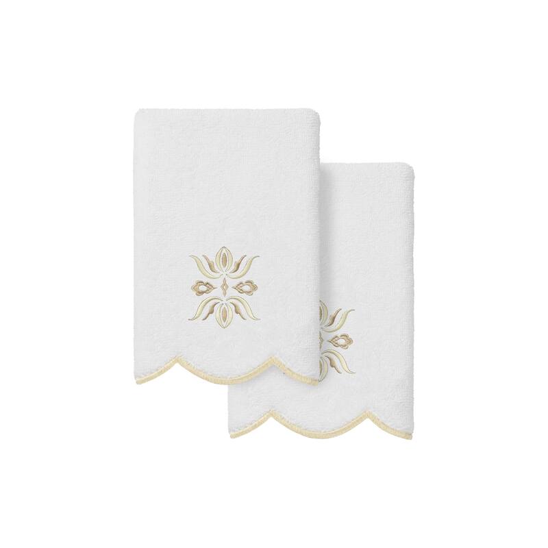 Authentic Hotel and Spa 100% Turkish Cotton FLOWER CREST Scallop Towel Collection - White/Beige - 2 Fingertip Towels
