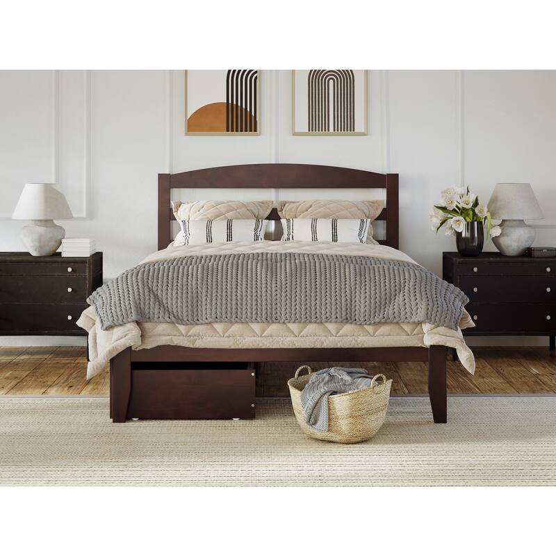 Platform Bed with Drawers, Full Size Bed Frame, Solid Wood & Veneer, Walnut Finish, Modern Bedroom Furniture