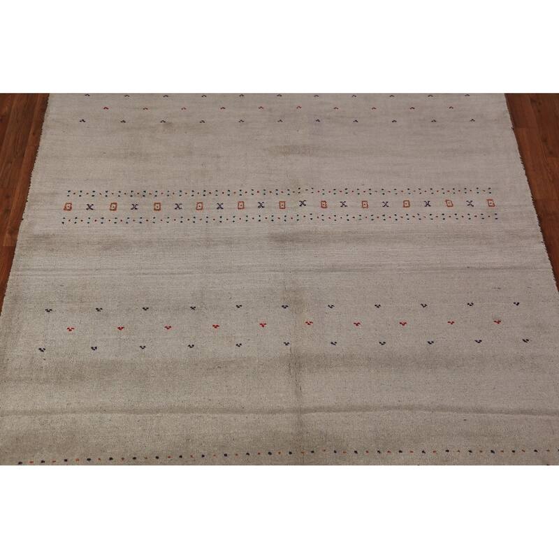 Tribal Gabbeh Area Rug Hand-Knotted Beige Wool Carpet - 5'8" x 7'9"