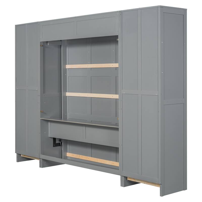 Queen Size Murphy Bed with Closet, Drawers, and Shelves in Gray