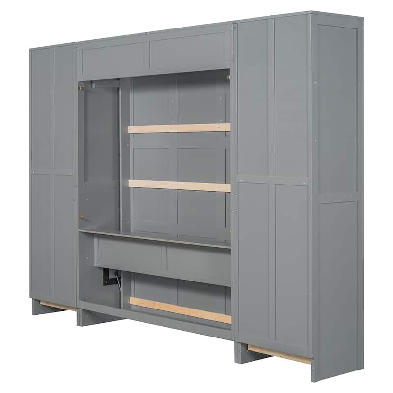 Queen Size Murphy Wall Bed with Built-In Closet, Drawers, and Shelves, Space-Saving Design