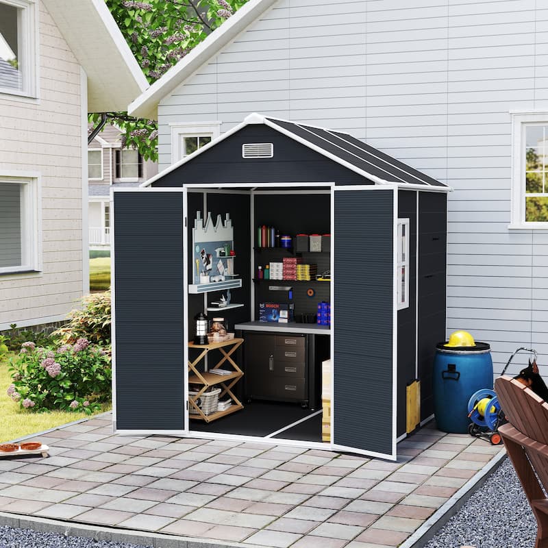 6*6ft Outdoor Storage Shed, Metal Garden Shed Tool House - Dark Gray