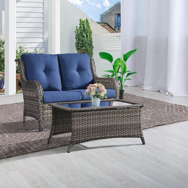 Gymojoy 2-Piece Outdoor Wicker Patio Furniture with Loveseat, Rattan Coversation Set with Water Resistant Thick Cushions - 2-Piece - Grey Wicker / Blue Cusion