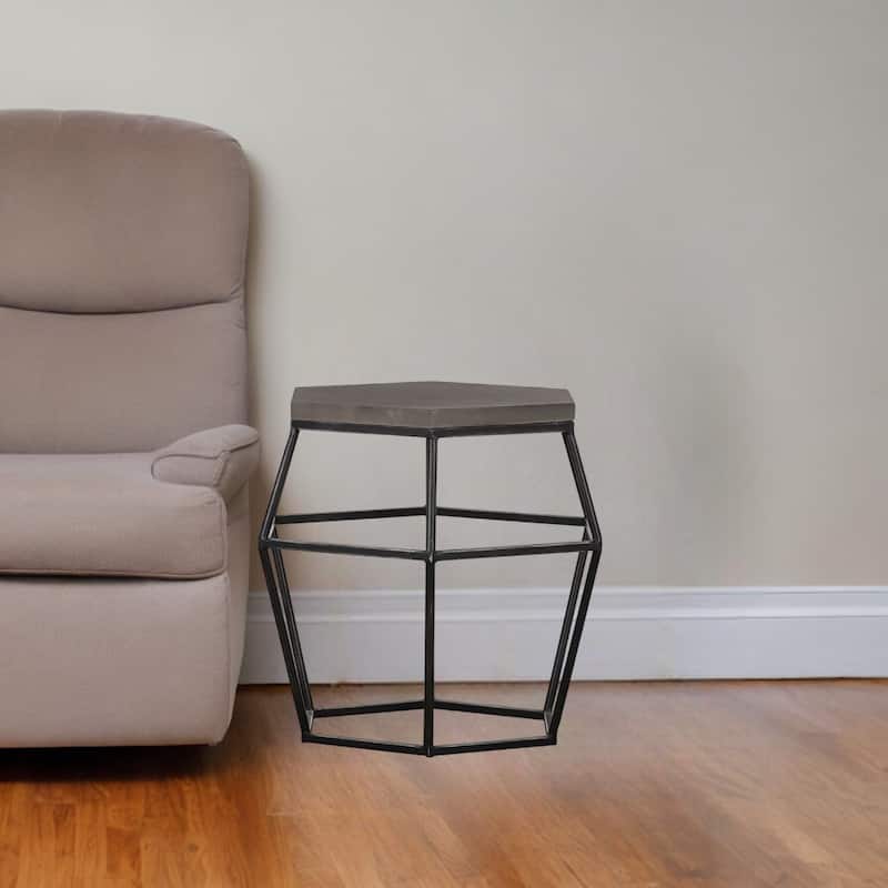 Modern Hexagonal Grey Concrete End Table with Black Metal Frame Indoor Outdoor Side Table - 23” x 22” x 22”