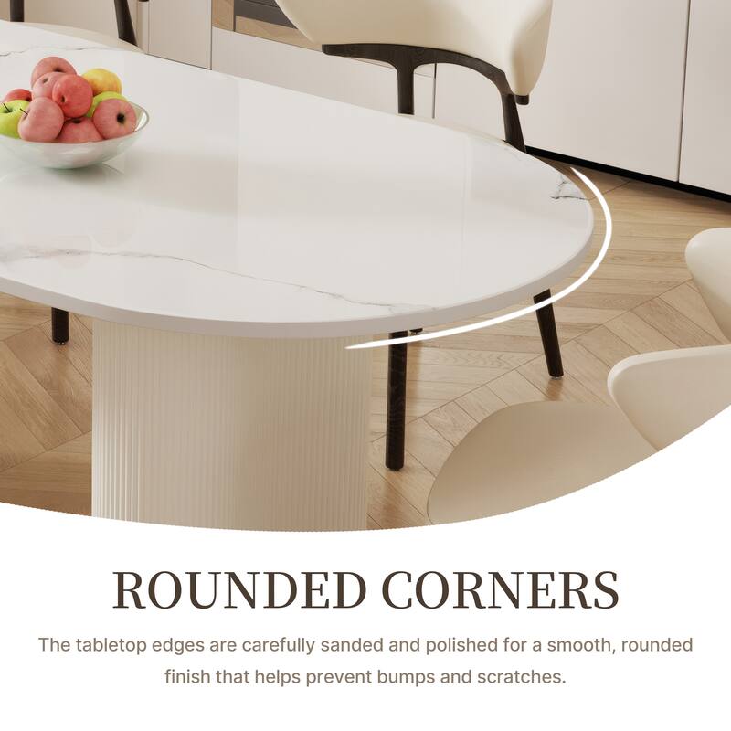 71" Glossy White Sintered Stone Dining Table, Double Round Legs, Oval Kitchen Table for 6 Persons