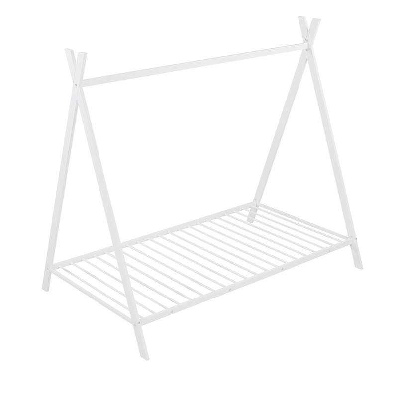 White Metal Twin House Bed Tent Frame with Slat, No Box Spring Needed
