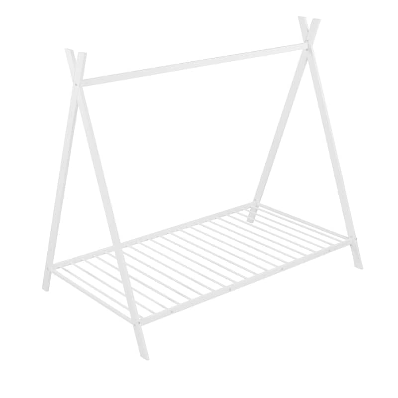 White Twin over Twin Metal Bunk House Bed Frame with Built-in Ladder