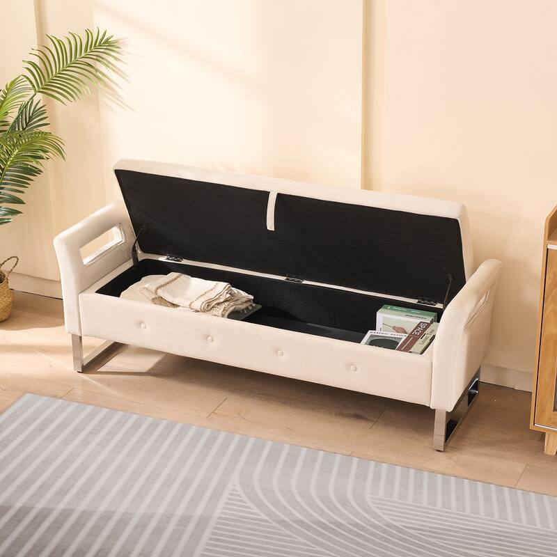 Roomfitters Velvet Storage Bench, Upholstered Entryway and Bedroom Bench with Armrests and Metal Legs