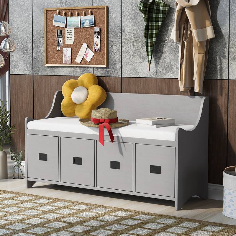 Movable Cushion Storage Bench With Drawers And Backrest Shoe Bench Bench With Removable Cushion - Gray Wash