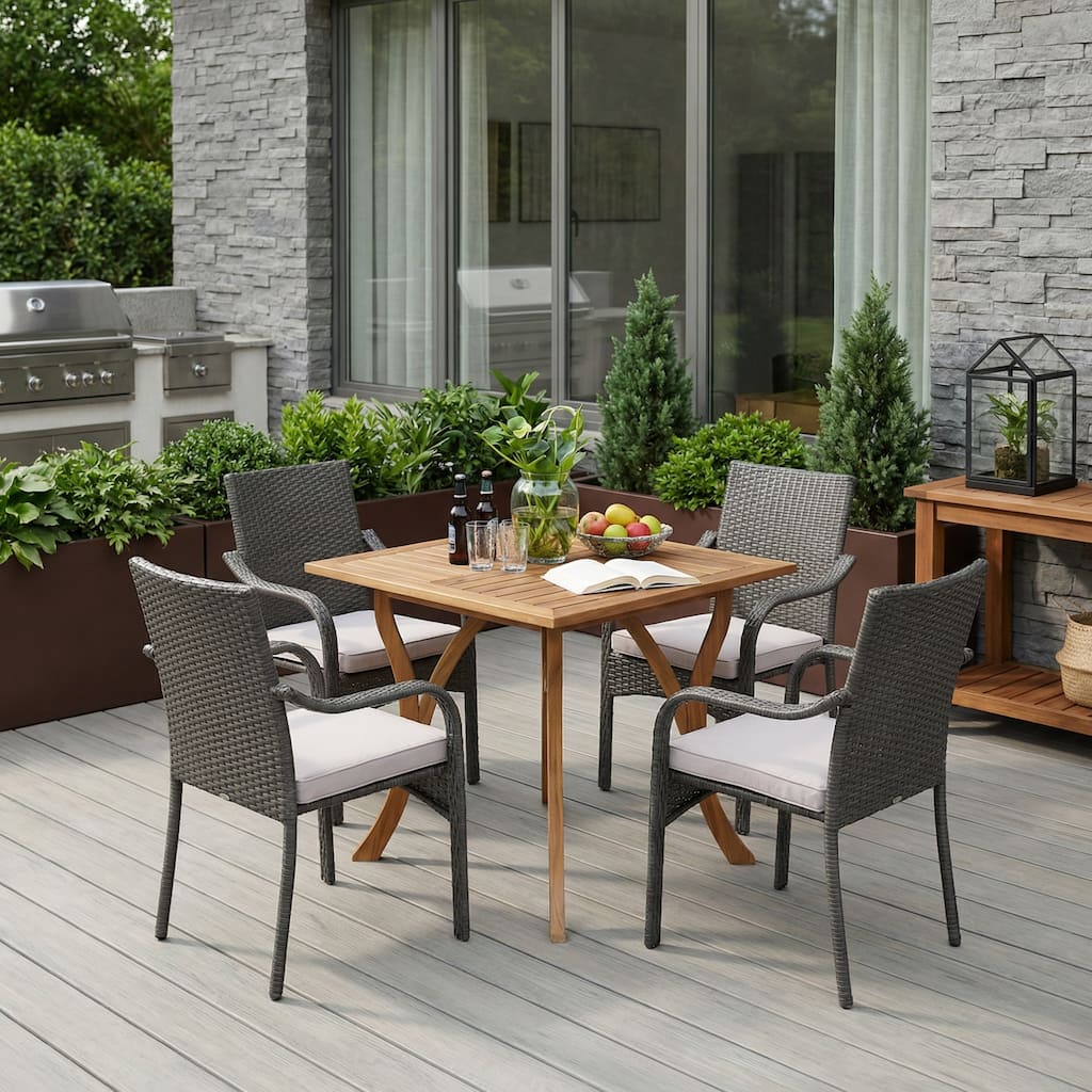 Christopher Knight Home - Driftwood Outdoor Acacia Wood 5-Piece Dining Set with Wicker Chairs and Cushions