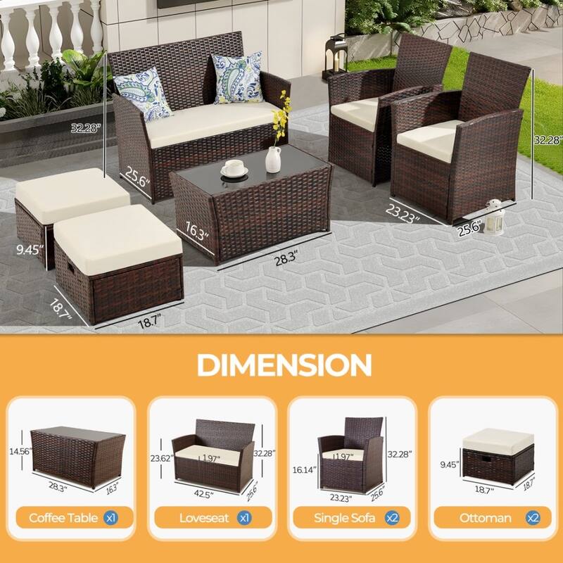 6-Piece Wicker Outdoor Sofa Set, 1 Loveseats, 2 Chairs, 2 Ottomans and 1 Table