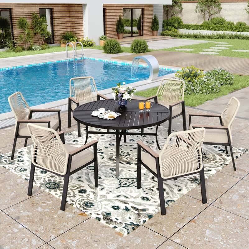 MAISON ARTS 5/7 Pieces Patio Dining Set, Round Table and Woven Rattan Dining Chairs with Cushions, for Patio, Backyard, Poolside
