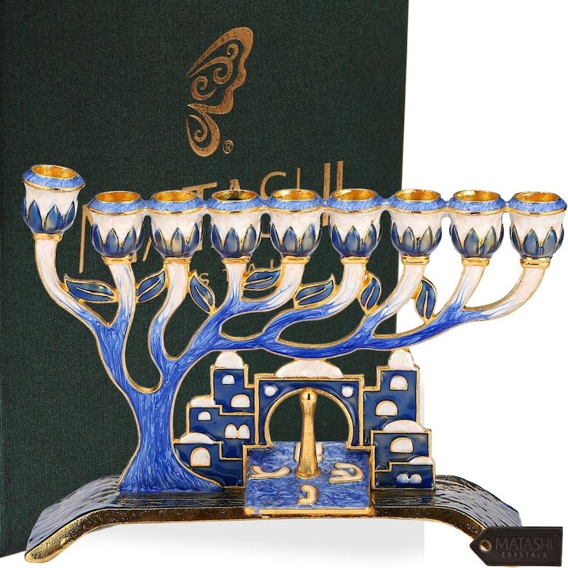 Matashi Hand Painted Blue Enamel Menorah Candelabra w/ Jerusalem City Design & Pomegranate Spinning Dreidel Ornament w/ Crystals