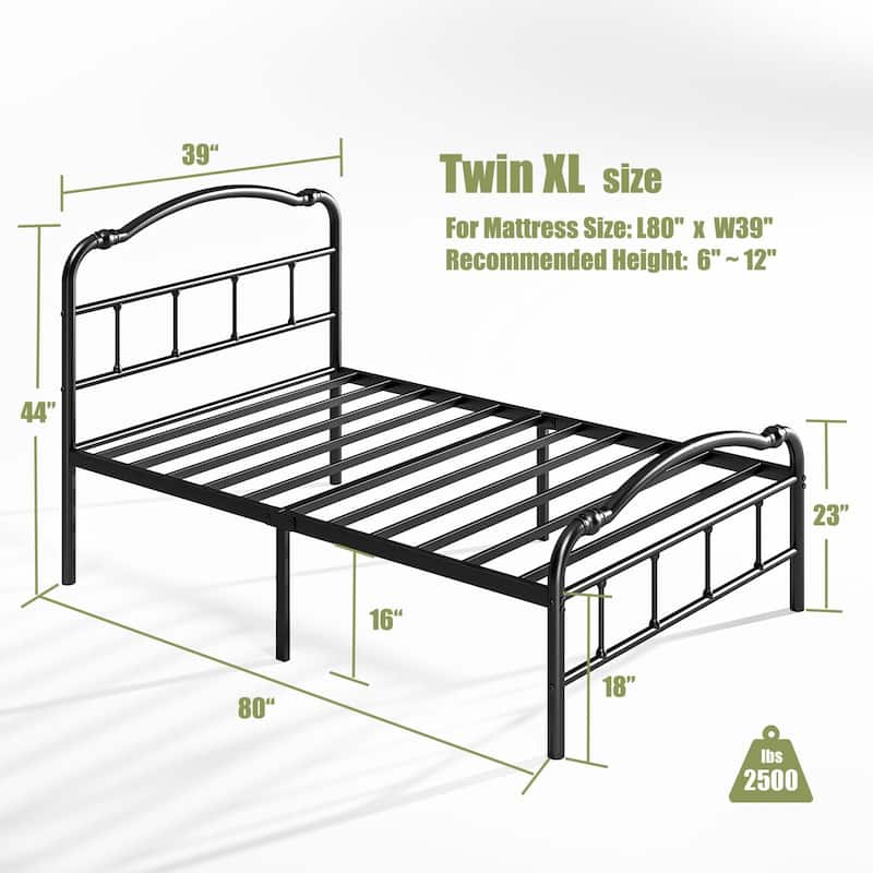 Heavy Duty Anti-Sway 18 Inch High Steel Tube Iron Bed, Double Wave Headboard And Footboard
