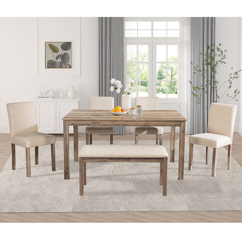 6 Piece Wooden Rectangular Dining Kitchen Table with 4 Upholstered Chairs and Bench, for Dining Room Furniture