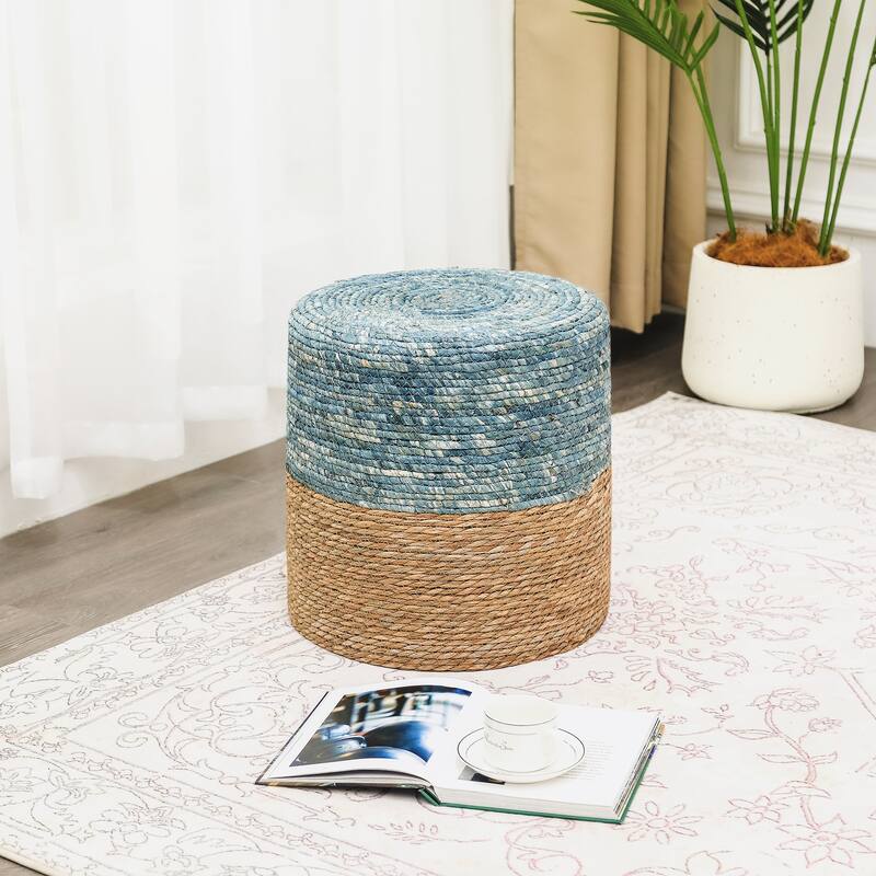 Adeco Foot Stool Natural Cattail Hand Weave Round Ottoman