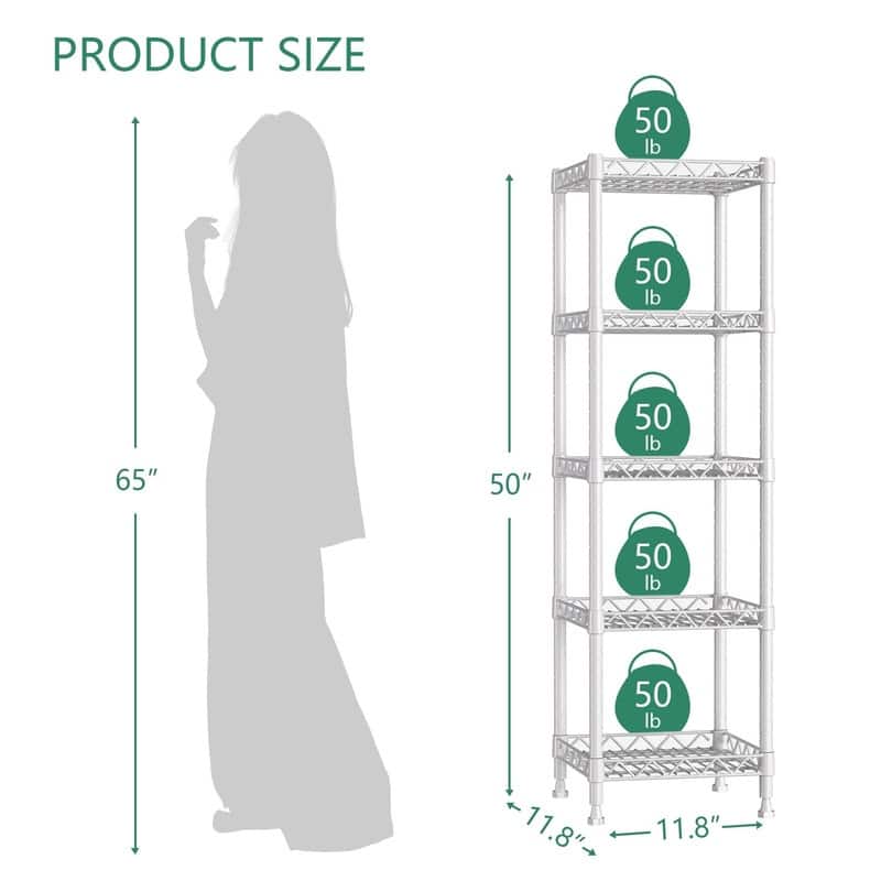 5 Tier Standing Shelving Metal Units - 11.8"D x 11.8"W x 50"H