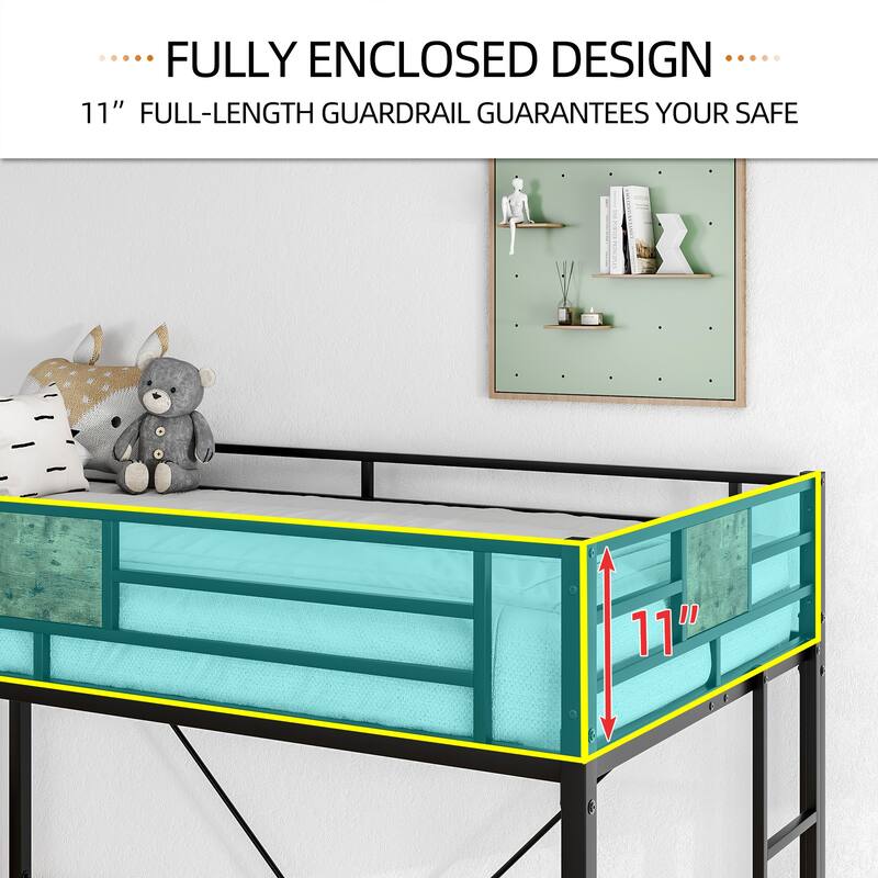 Black Twin Size Kid's Bed Metal Loft Bed with FullLength Guardrails