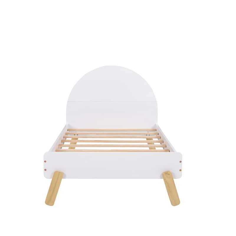 Cute White Curved Headboard Wooden Platform Bed with Hidden Shelf Bed