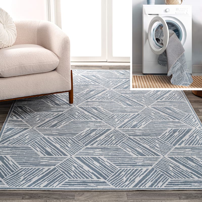 JONATHAN Y Koda Modern Coastal Geometric Machine-Washable Blue/Cream Area Rug - 3 X 5