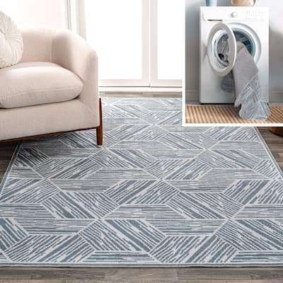 JONATHAN Y Koda Modern Coastal Geometric Machine-Washable Blue/Cream Area Rug