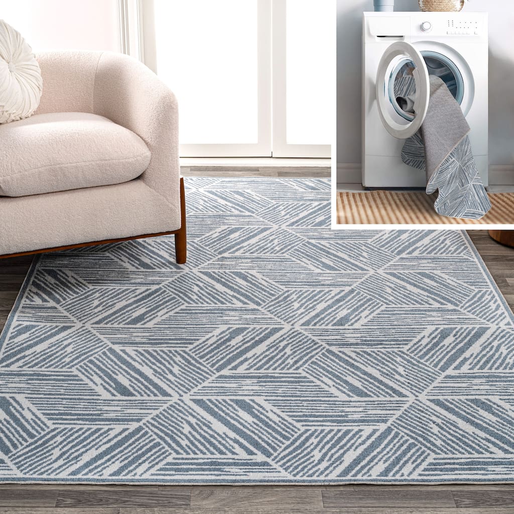 JONATHAN Y Koda Modern Coastal Geometric Machine-Washable Blue/Cream Area Rug