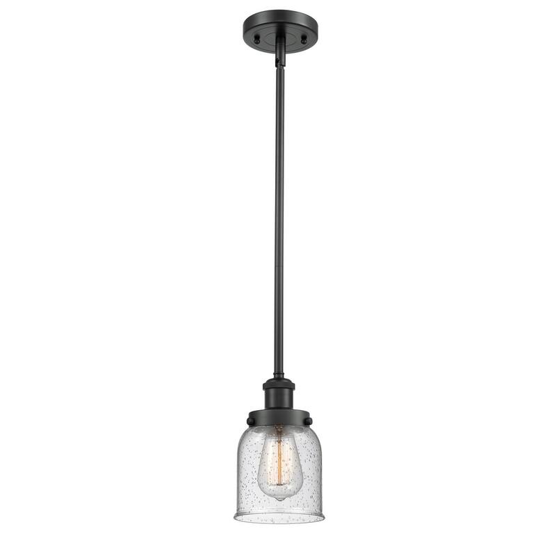 Innovations Lighting Small Bell 5" Wide Mini Pendant - Rod Hung - Matte Black / Seedy