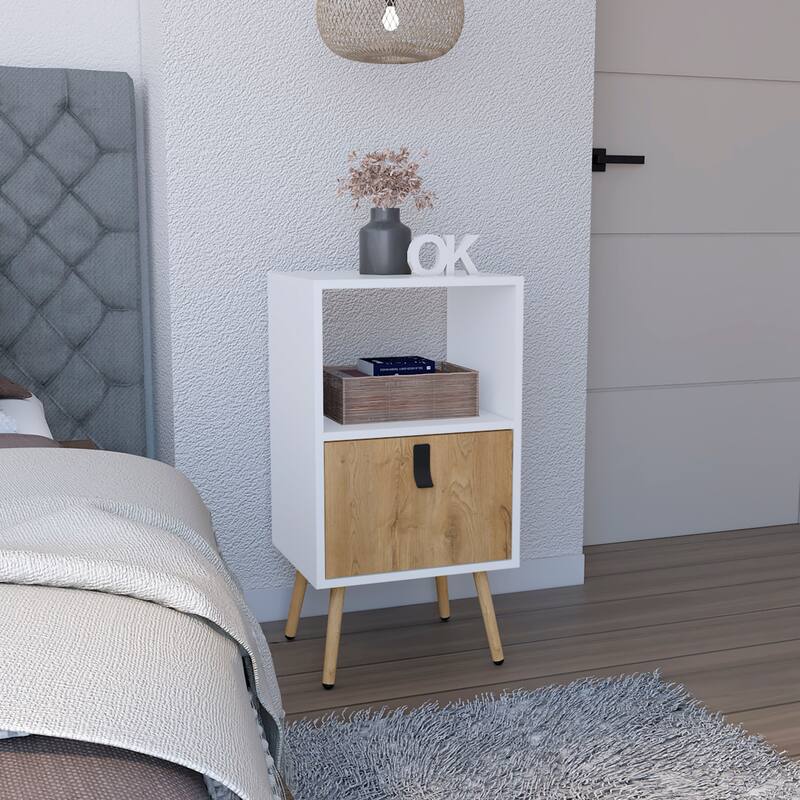 Modern Nightstand with Drawer and Open Storage, White / Macadamia - White+Walnut