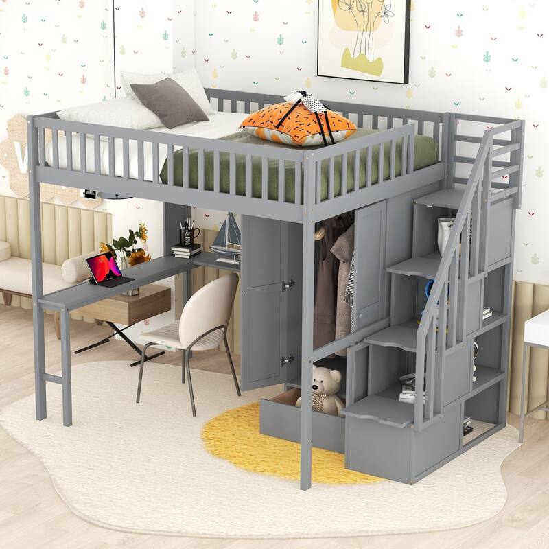 Loft Bed with Bookshelf,Drawers,Desk,and Wardrobe