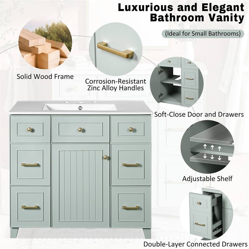 36" Bathroom Vanity with Ceramic Sink,Soft-Close Doors,2 Double-Layer