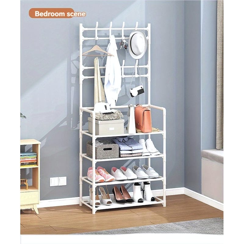 5-Tier Freestanding Shoe Rack and Coat Stand Entryway Organizer for Shoes Boots Hats - 26”L x 11”W x 68.9”H