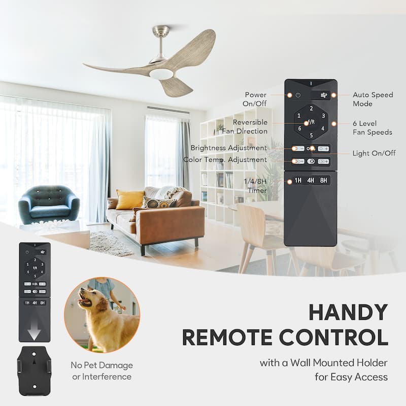 52" Outdoor Wet-Rated Waterproof LED Ceiling Fan with Dimmable Light and Remote Control