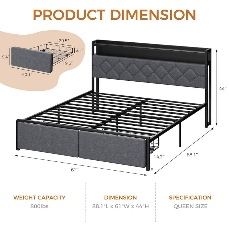 Queen Size Metal Bed Frame with LED Headboard & USB Ports