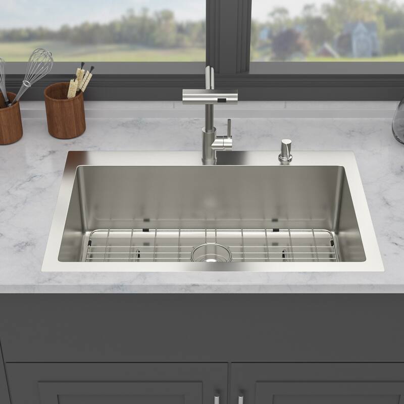 Drop-in Single Bowl 16 Gauge Stainless Steel Kitchen Sink with Pull-Out Faucet in Brushed Nickel - 30'' x 22'' x 10''