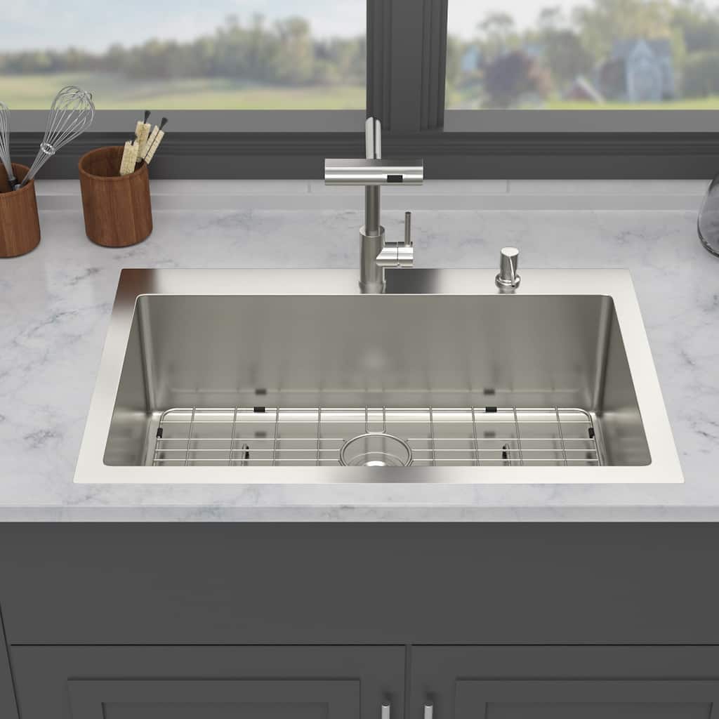 Drop-in Single Bowl 16 Gauge Stainless Steel Kitchen Sink with Pull-Out Faucet in Brushed Nickel