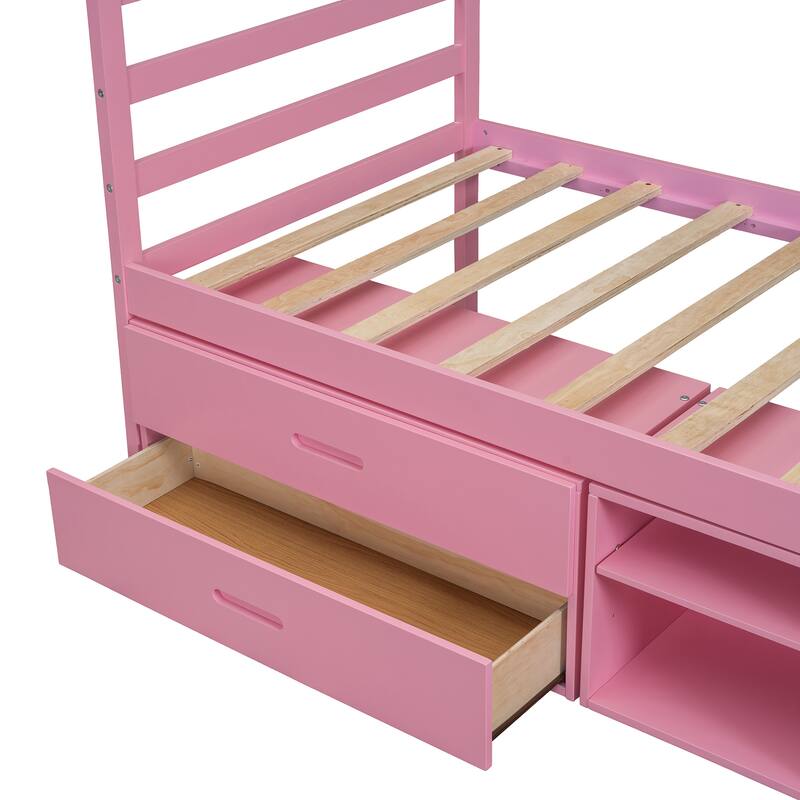 Full Size Solid Wood Bed Frame with Customizable Storage Shelves and Built-In Drawers, No Box Spring Needed