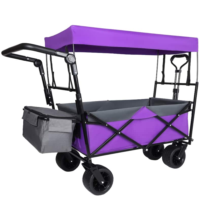With Push Handle, 480Lbs Collapsible Wagon with Canopy, Wagon cart with 7" All-Terrain Wheels, Lightweight Foldable Wagon