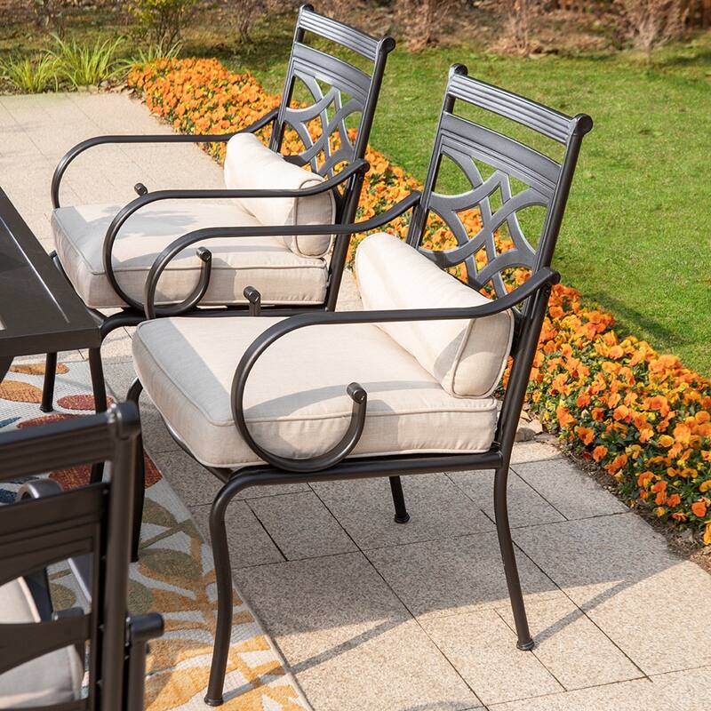 MAISON ARTS 7-Piece Outdoor Dining Set Steel Rectangle Table & Elegant Cast Iron Pattern Dining Chairs