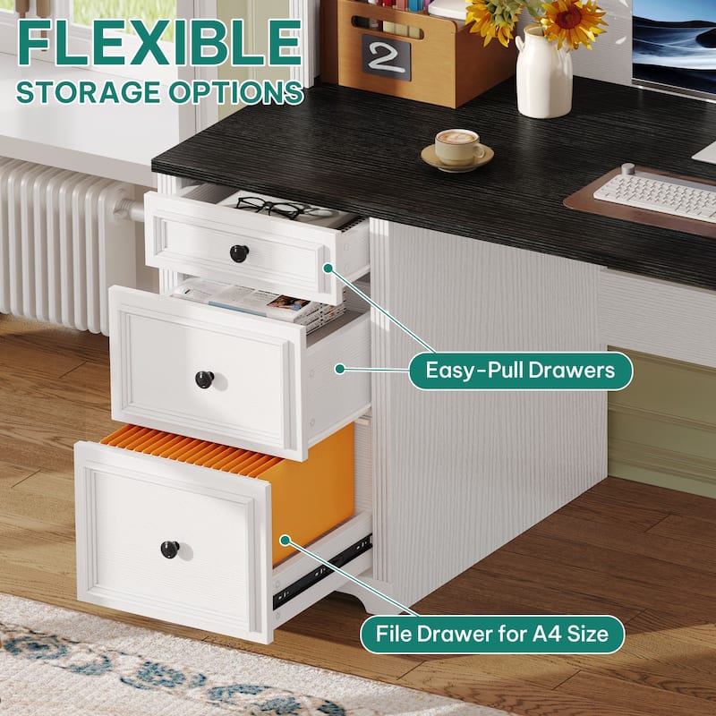Moasis Farmhouse Executive Office Desk LED Computer Desk with Drawers and Storage Cabinet