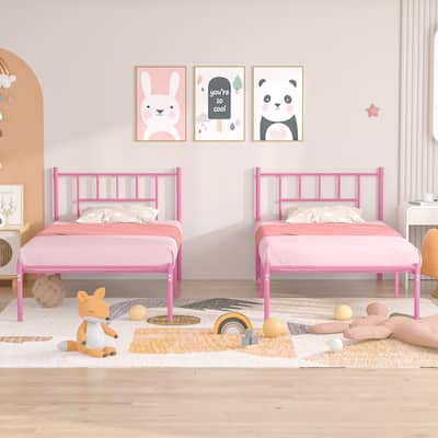 VECELO Twin Size Kids Bed Frame, Easy-to-assemble Metal Twin Platform Bed Frame with Under-bed Storage