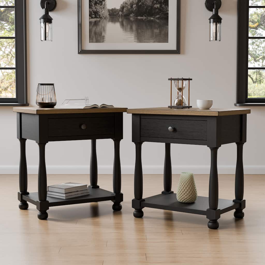 Furniture of America Lucan Farmhouse Black Solid Wood 1-Drawer Table with USB Port (Set of 2)