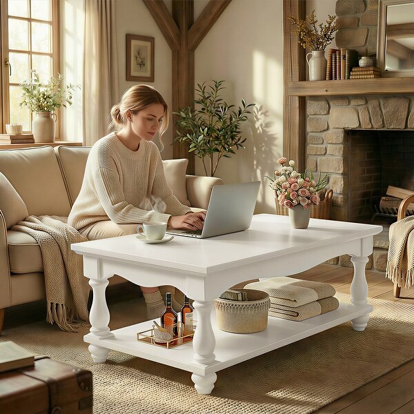 French Country Coffee Table with Storage Shlef, Farmhoues