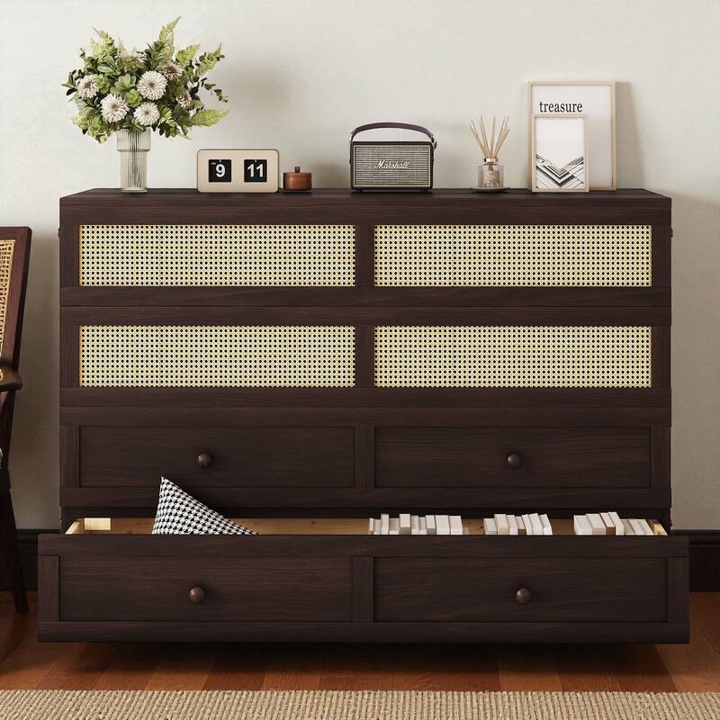 Queen Size Pine Wood Murphy Bed Cabinet with Rattan Front Panel, Foldable Bed with Storage Drawer and Sturdy Platform