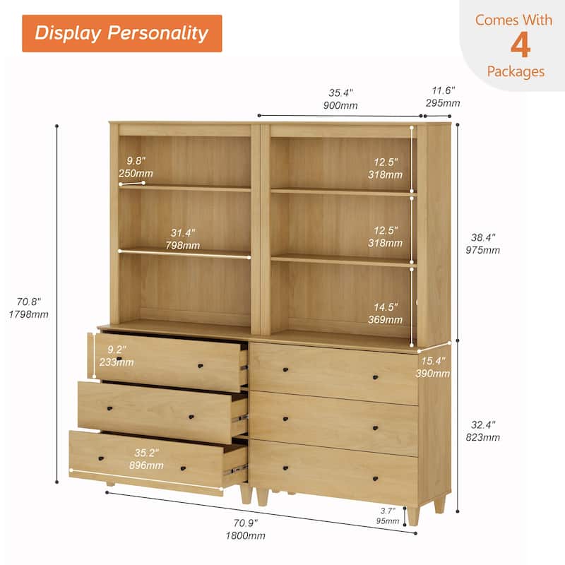 WAMPAT Modern 71" Tall Bookcase with 6 Drawers, 2 Columns 3-Tier