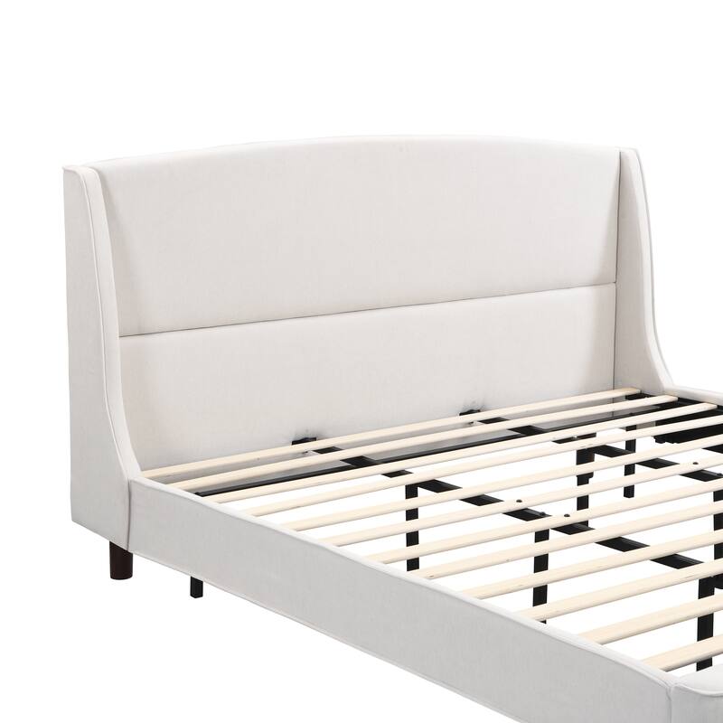 King Size Bed Frame, Upholstered Platform Bed with Curved Wingback Headboard and Solid Wood Legs, No Box Spring Needed, Beige